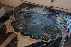 Making a Table "Flare and Falter", view of stripes around edge, added and sanded, rasped