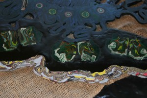 Making a Table "Flare and Falter", view of stripes around edge, added and sanded, rasped