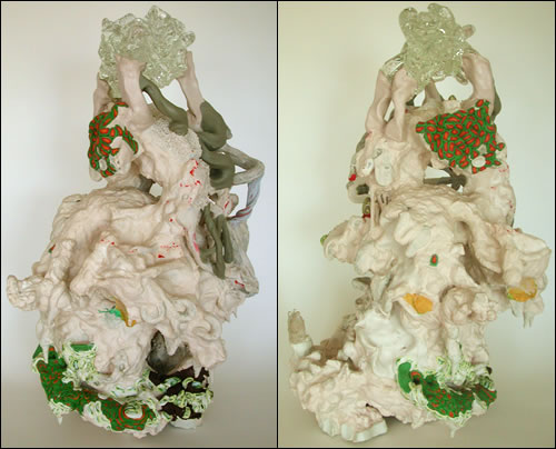 whitemosaicglassbrain, 14 x 13 x 26 inches, apoxie sculpt, glass, aqua resin